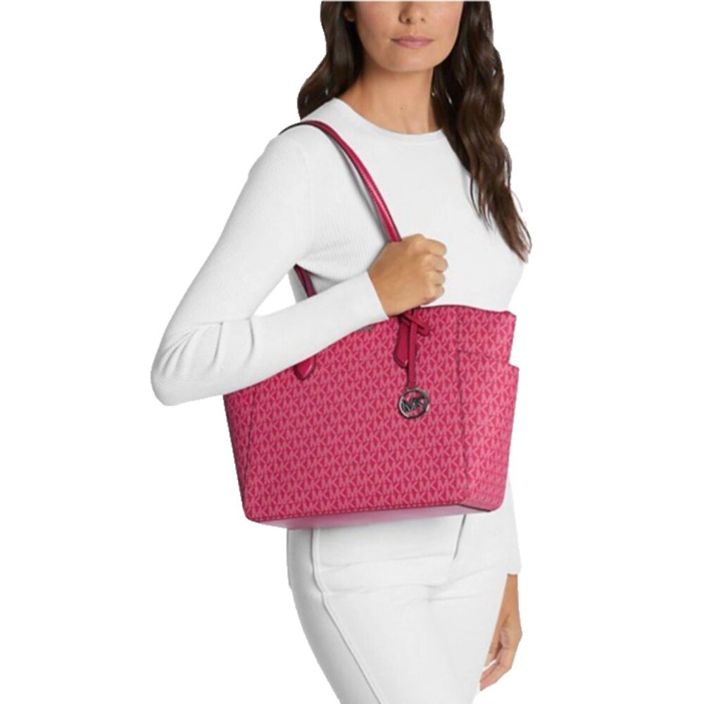 New Michael Kors Marilyn Medium Signature Logo Tote Bag Dark Raspberry Multi - Picture 2 of 5